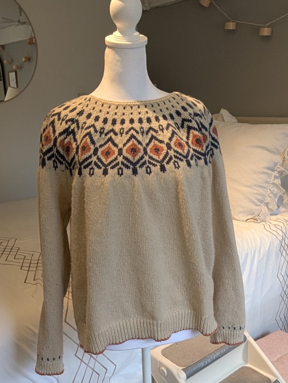 Vintage Boho Cream Fair Isle Knit Sweater - Women's